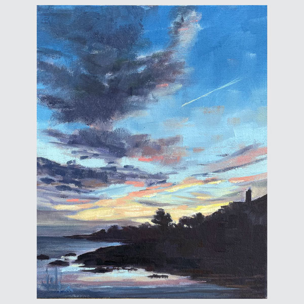 Joli Ayn Wood Painting. Rockport, to the East at sunrise